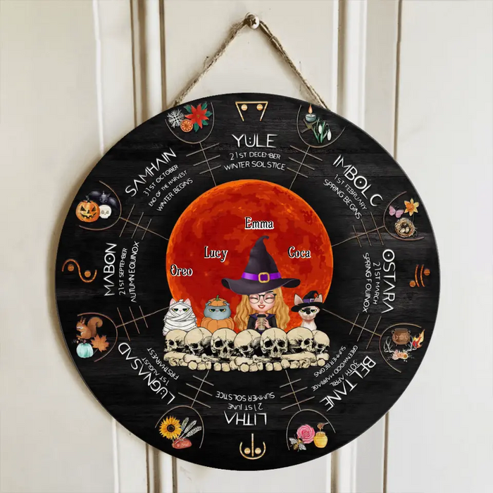 Custom Personalized Witch Mom Circle Door Sign - Best Gift Idea For Halloween/Mom/Pet Lovers - Upto 3 Pets - Winter Solstice