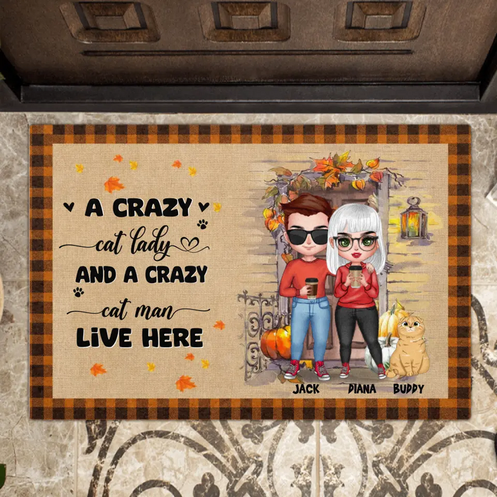 Custom Personalized Cat Couple Doormat - Upto 6 Cats - Gift Idea for Couple/Cat Lovers - A Crazy Cat Lady And A Crazy Cat Man Live Here