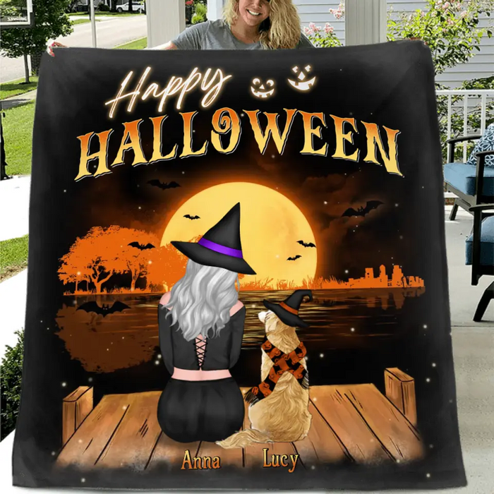 Custom Personalized Dog Mom Single Layer Fleece/Quilt Blanket - Upto 4 Dogs - Halloween Gift Idea for Dog Lovers - Happy Halloween