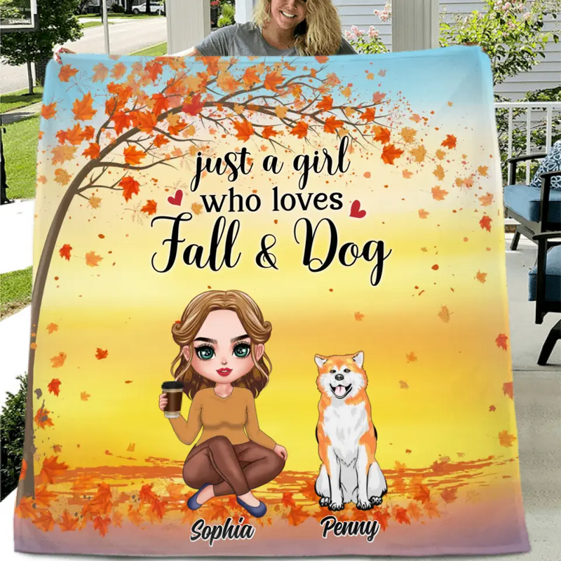 Personalized Dog Mom Fleece Throw Blanket/Quilt - Up to 4 Dogs - Gift Idea for Dog Lovers/Autumn Gift - Just A Girl Who Loves Fall & Dogs