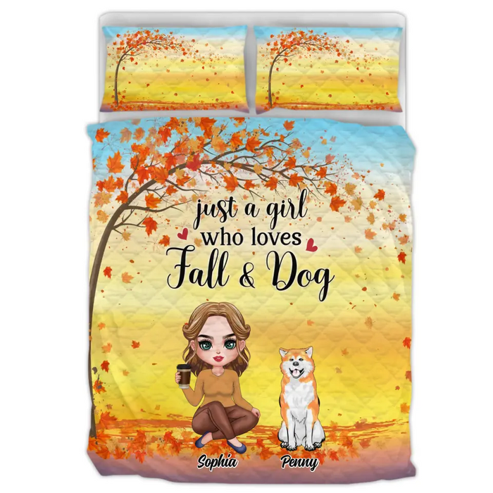Custom Personalized Dog Mom Quilt Bed Sets - Upto 4 Dogs - Gift for Dog Lovers/ Autumn Gift - Just A Girl Who Loves Fall & Dogs