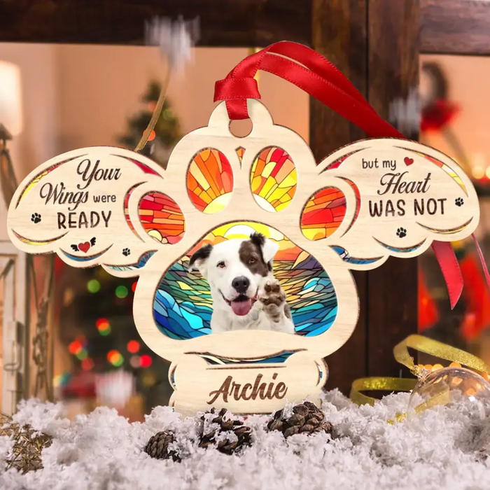 Custom Personalized Memorial Pet Photo Wooden Ornament - Memorial Gift Idea for Christmas - Your Wings Were Ready But My Heart Was Not