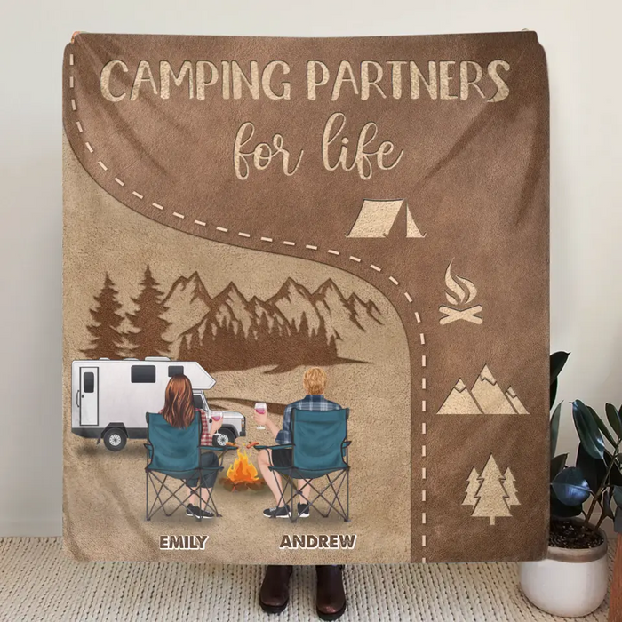 Custom Personalized Camping Couple Single Layer Fleece/Quilt Blanket - Gift Idea For Couple/Camping Lover - Camping Partners For Life