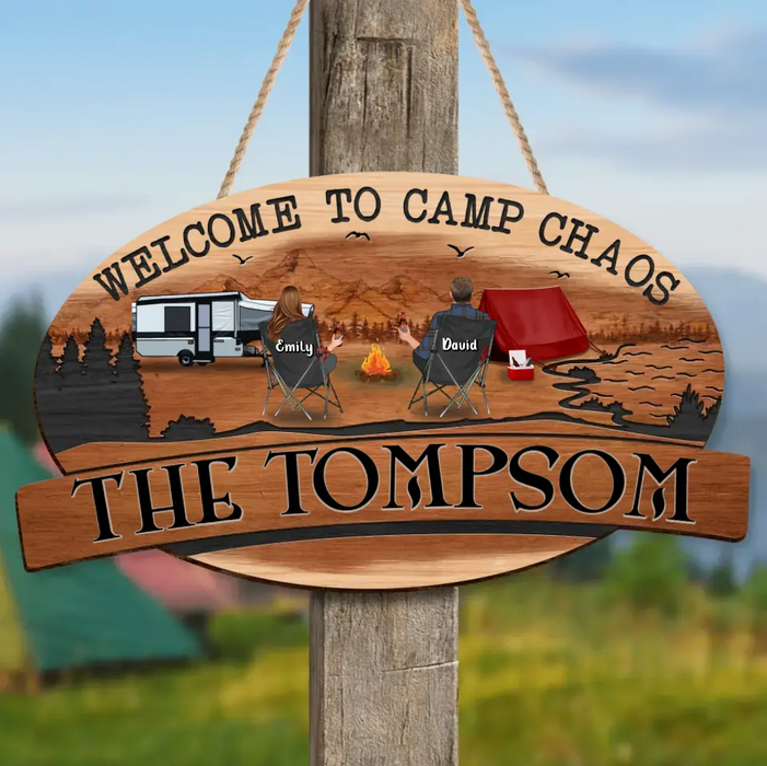 Custom Personalized Camping Wooden Sign - Gift Idea For Couple/ Family/ Camping Lovers - Couple/ Parents With Upto 3 Kids And 2 Pets - Welcome To Camp Chaos