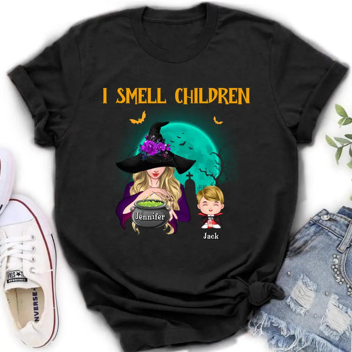 Custom Personalized Witch Shirt/ Hoodie - Halloween Gift Idea For Grandma/ Mother - Woman With Upto 6 Kids - I Smell Children