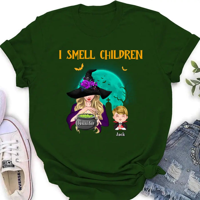 Custom Personalized Witch Shirt/ Hoodie - Halloween Gift Idea For Grandma/ Mother - Woman With Upto 6 Kids - I Smell Children