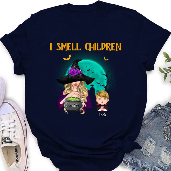 Custom Personalized Witch Shirt/ Hoodie - Halloween Gift Idea For Grandma/ Mother - Woman With Upto 6 Kids - I Smell Children