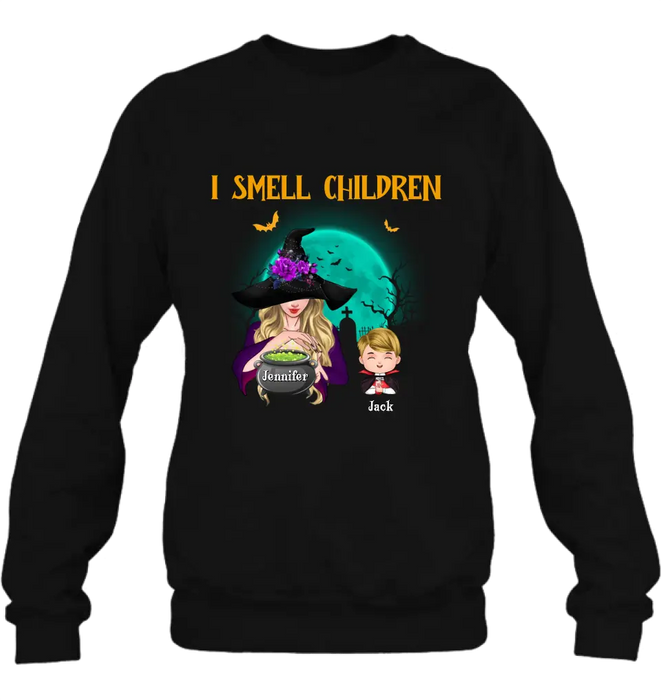 Custom Personalized Witch Shirt/ Hoodie - Halloween Gift Idea For Grandma/ Mother - Woman With Upto 6 Kids - I Smell Children