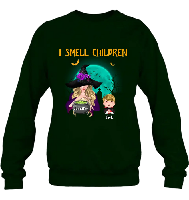 Custom Personalized Witch Shirt/ Hoodie - Halloween Gift Idea For Grandma/ Mother - Woman With Upto 6 Kids - I Smell Children