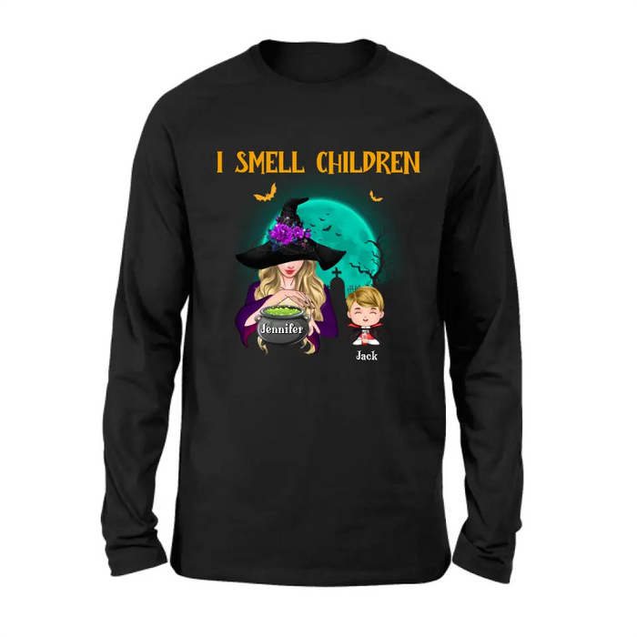 Custom Personalized Witch Shirt/ Hoodie - Halloween Gift Idea For Grandma/ Mother - Woman With Upto 6 Kids - I Smell Children