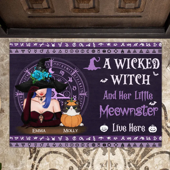 Personalized Witch Doormat - Halloween/ Witch/ Pagan/ Wicca Decor/ Cat Lovers Gift with up to 6 Cats - A Wicked Witch And Her Little Moewnster Live Here