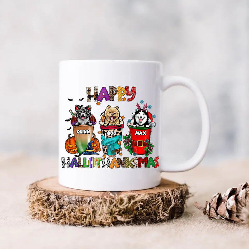 Personalized Hallothanksmas Coffee Mug - Halloween/Christmas/Thanksgiving Gift Idea for Dog Lovers - Happy Hallothanksmas