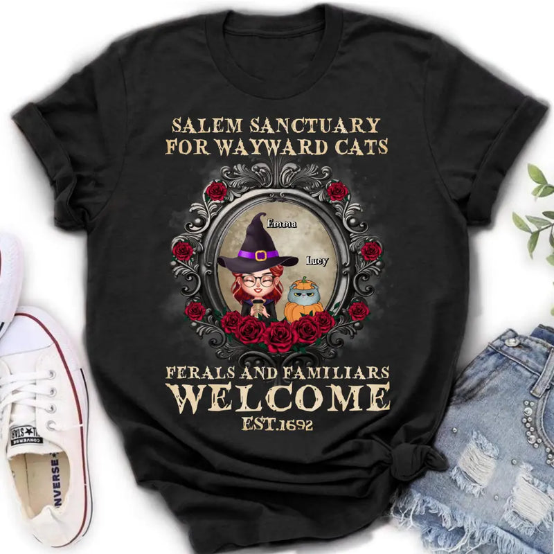 Personalized Halloween Cat Mom Shirt/Hoodie - Up to 4 Cats - Gift Idea For Cat Lovers - Salem Sanctuary for Wayward Cats Ferals and Familiars Welcome