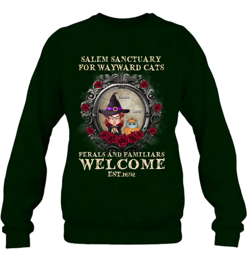 Personalized Halloween Cat Mom Shirt/Hoodie - Up to 4 Cats - Gift Idea For Cat Lovers - Salem Sanctuary for Wayward Cats Ferals and Familiars Welcome