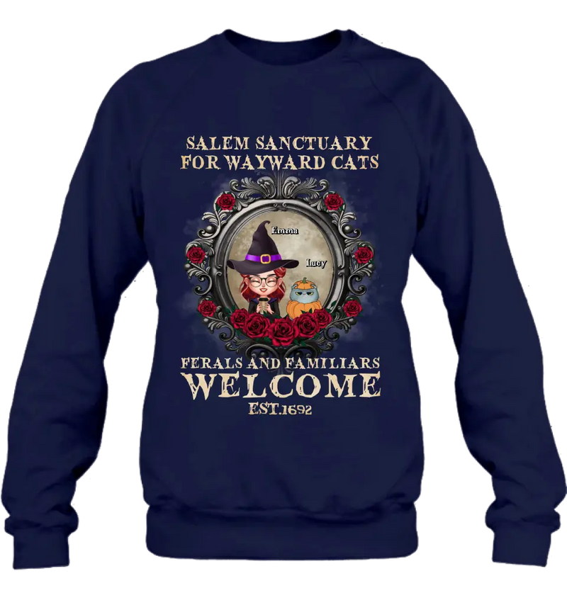 Personalized Halloween Cat Mom Shirt/Hoodie - Up to 4 Cats - Gift Idea For Cat Lovers - Salem Sanctuary for Wayward Cats Ferals and Familiars Welcome