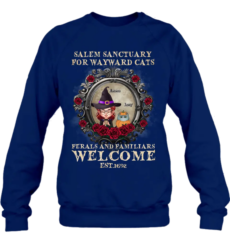 Personalized Halloween Cat Mom Shirt/Hoodie - Up to 4 Cats - Gift Idea For Cat Lovers - Salem Sanctuary for Wayward Cats Ferals and Familiars Welcome