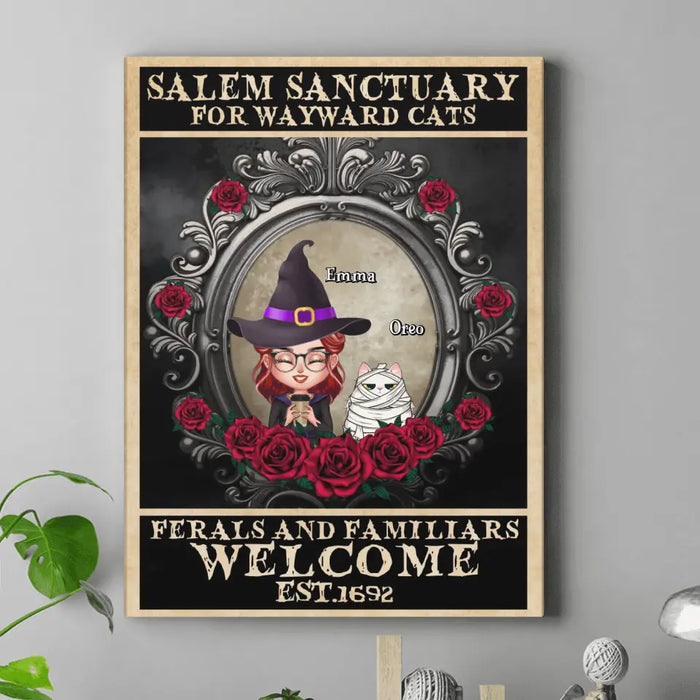 Custom Personalized Halloween Cat Mom Canvas - Upto 4 Cats - Halloween Gift For Cat Lovers/Wiccan Decor/Pagan Decor/ Wall Art Wicked Witch - Salem Sanctuary For Wayward Cats