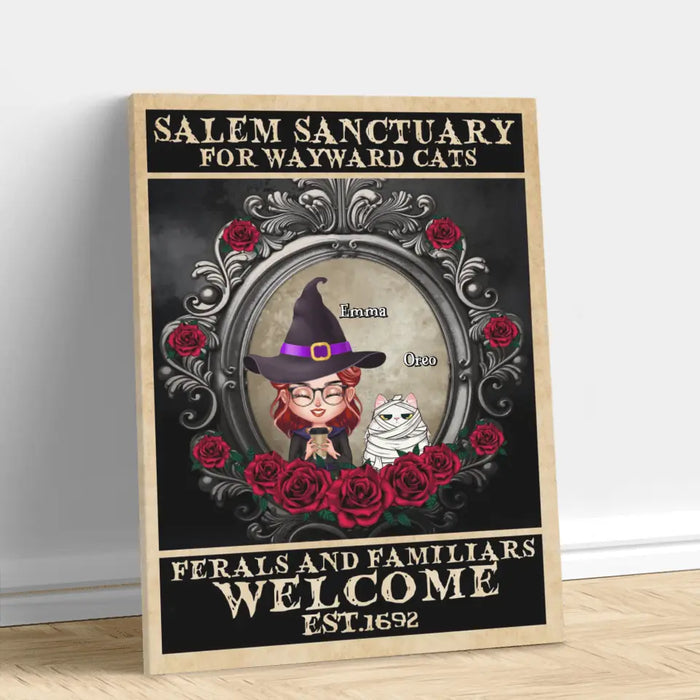 Custom Personalized Halloween Cat Mom Canvas - Upto 4 Cats - Halloween Gift For Cat Lovers/Wiccan Decor/Pagan Decor/ Wall Art Wicked Witch - Salem Sanctuary For Wayward Cats