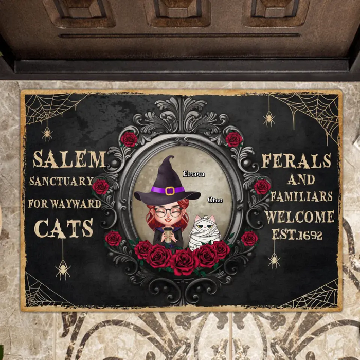 Custom Personalized Halloween Cat Mom Doormat - Upto 4 Cats - Halloween Gift For Cat Lovers/Wiccan Decor/Pagan Decor - Salem Sanctuary For Wayward Cats