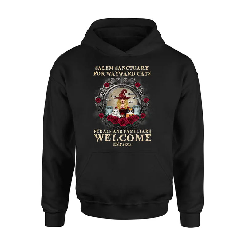 Personalized Halloween Cat Witch Shirt/Hoodie - Up to 4 Cats - Gift Idea For Cat Lovers - Salem Sanctuary for Wayward Cats Ferals and Familiars Welcome