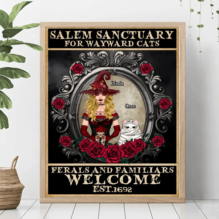Custom Personalized Halloween Cat Witch Poster - Upto 4 Cats - Halloween Gift For Cat Lovers/Wiccan Decor/Pagan Decor - Salem Sanctuary For Wayward Cats