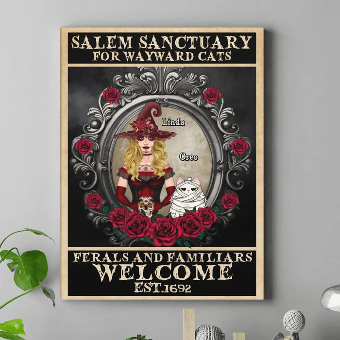 Custom Personalized Halloween Cat Witch Canvas - Upto 4 Cats - Halloween Gift For Cat Lovers/Wiccan Decor/Pagan Decor/ Wall Art Wicked Witch - Salem Sanctuary For Wayward Cats
