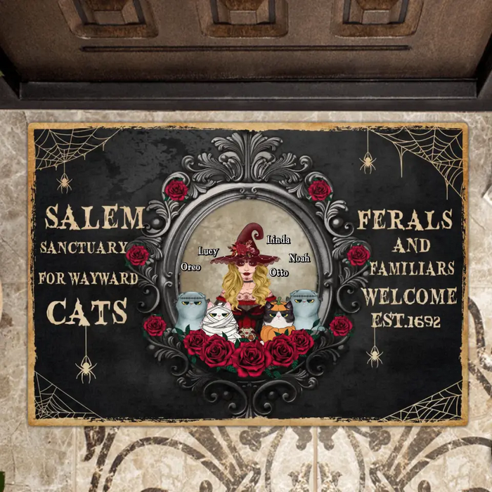 Custom Personalized Halloween Cat Witch Doormat - Upto 4 Cats - Halloween Gift For Cat Lovers/Wiccan Decor/Pagan Decor - Salem Sanctuary For Wayward Cats