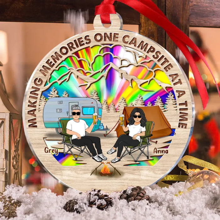 Custom Personalized Camping Couple Suncatcher Acrylic Ornament - Gift Idea For Camping/Dog/Cat Lover - Upto 4 Pets - Making Memories One Campsite At A Time