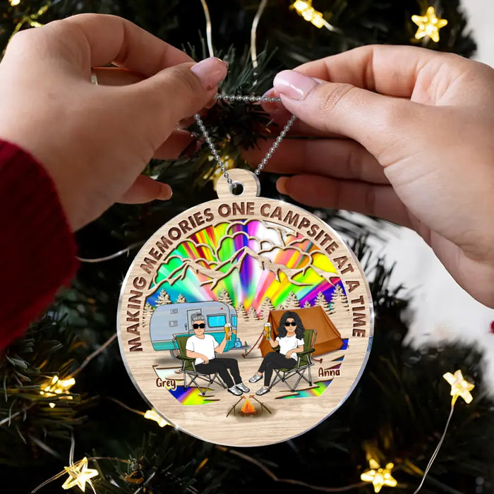 Custom Personalized Camping Couple Suncatcher Acrylic Ornament - Gift Idea For Camping/Dog/Cat Lover - Upto 4 Pets - Making Memories One Campsite At A Time