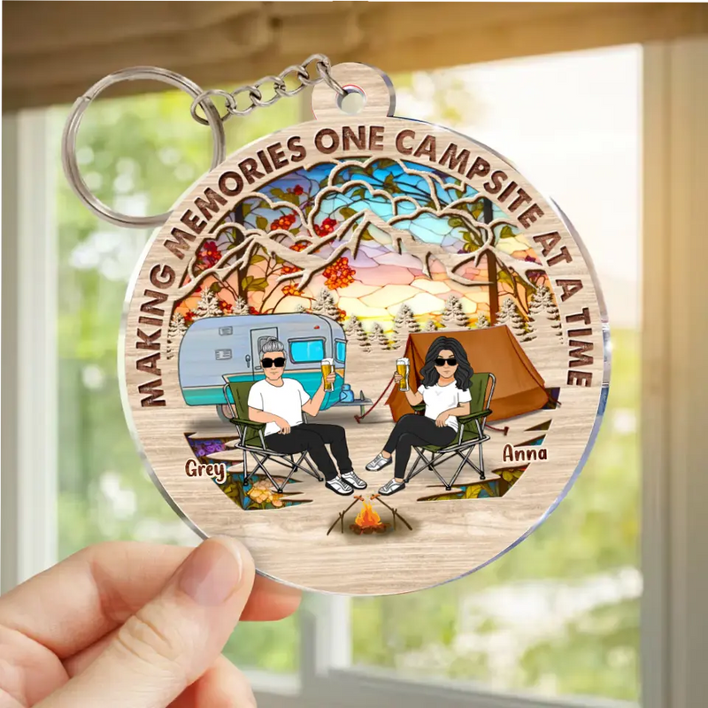 Personalized Camping Couple Suncatcher Acrylic Keychain - Gift Idea For Camping/Dog/Cat Lover - Up to 4 Pets - Making Memories One Campsite At A Time