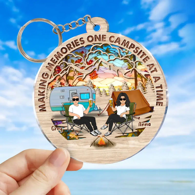 Personalized Camping Couple Suncatcher Acrylic Keychain - Gift Idea For Camping/Dog/Cat Lover - Up to 4 Pets - Making Memories One Campsite At A Time