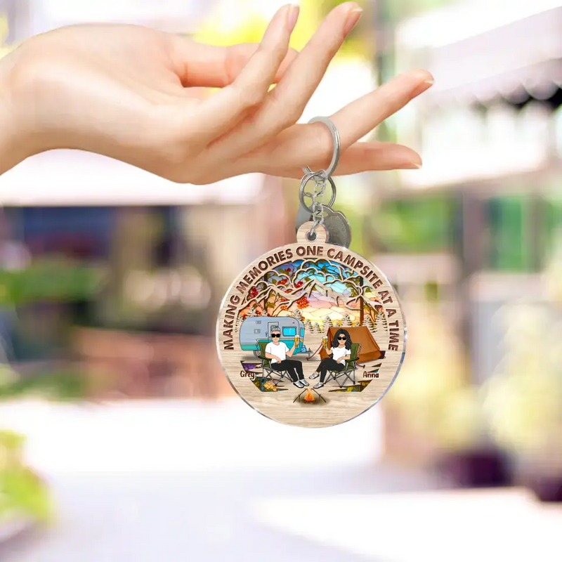 Personalized Camping Couple Suncatcher Acrylic Keychain - Gift Idea For Camping/Dog/Cat Lover - Up to 4 Pets - Making Memories One Campsite At A Time