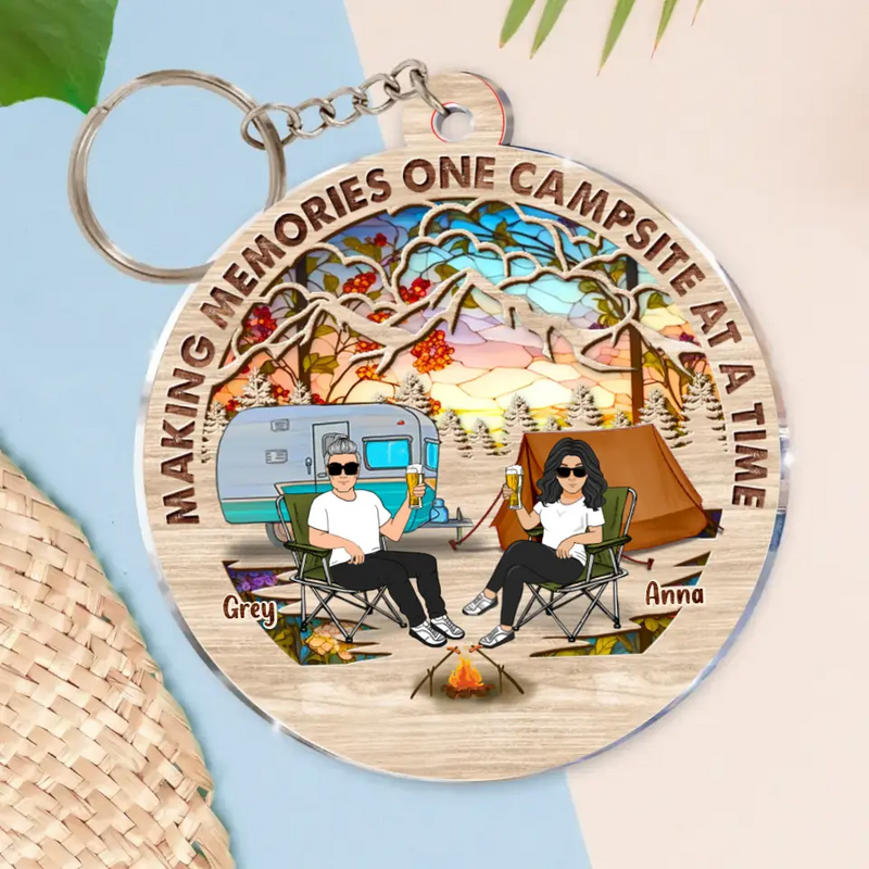 Personalized Camping Couple Suncatcher Acrylic Keychain - Gift Idea For Camping/Dog/Cat Lover - Up to 4 Pets - Making Memories One Campsite At A Time