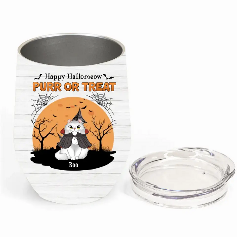 Personalized Meowloween Wine Tumbler - Up to 6 Cats - Halloween Gift Idea for Cat Lovers - Happy Hallomeow
