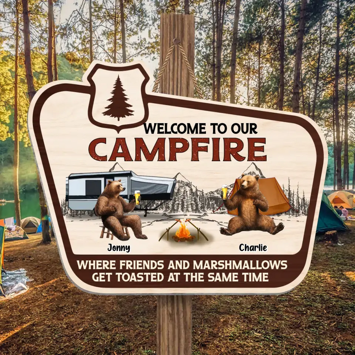Custom Personalized Camping Wooden Sign - Upto 7 Friends - Gift Idea For Camping Lovers/Friends - Welcome To Our Campfire