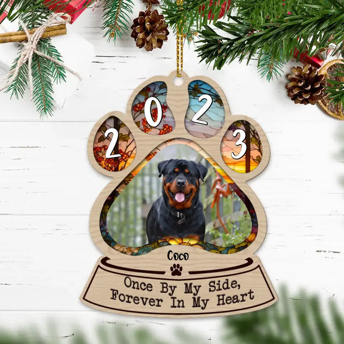 Custom Personalized Memorial Dog Paw Wooden Ornament - Upload Photo - Memorial Gift Idea For Dog Owner - Once By My Side, Forever In My Heart