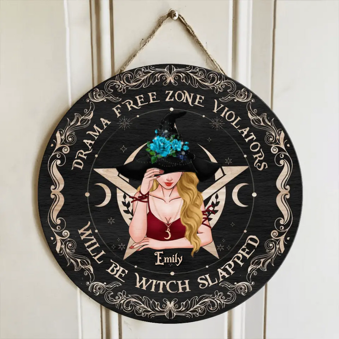 Personalized Witch Circle Door Sign - Halloween Gift Idea - Drama Free Zone Violators Will Be Witch Slapped