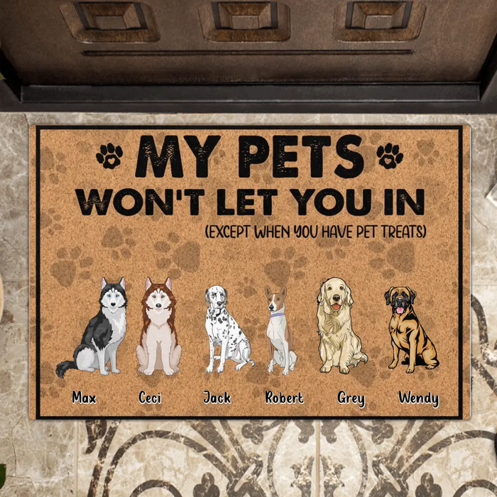 Custom Personalized Pets Doormat - Gift Idea for Dog/Cat Lovers - Upto 6 Pets - My Pets Won't Let You In (Except When You Have Pet Treats)