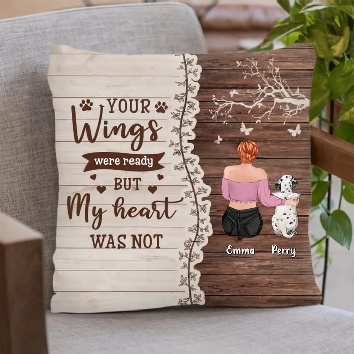 Personalized Memorial Pet Pillow Cover/Quilt/Single Layer Fleece Blanket - Upto 3 Dogs/Cats - Memorial Gift Idea for Dog/Cat Owners - Your Wings Were Ready But My Heart Was Not