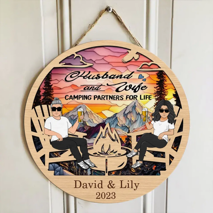 Custom Personalized Camping Campfire Stained Glass Suncatcher Wooden Sign - Gift For Couple/ Camping Lover - Husband And Wife Camping Partners For Life
