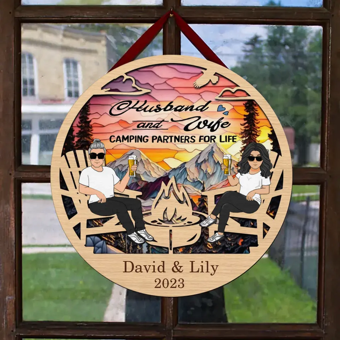 Custom Personalized Camping Campfire Stained Glass Suncatcher Wooden Sign - Gift For Couple/ Camping Lover - Husband And Wife Camping Partners For Life