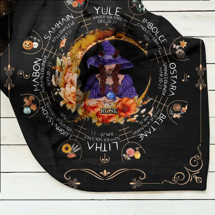Custom Personalized Witch Calendar Floral Frame Single Layer Fleece/Quilt Blanket - Gift Idea For Halloween/Witch Lovers