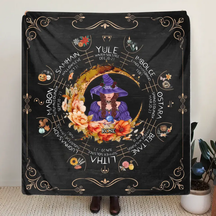 Custom Personalized Witch Calendar Floral Frame Single Layer Fleece/Quilt Blanket - Gift Idea For Halloween/Witch Lovers
