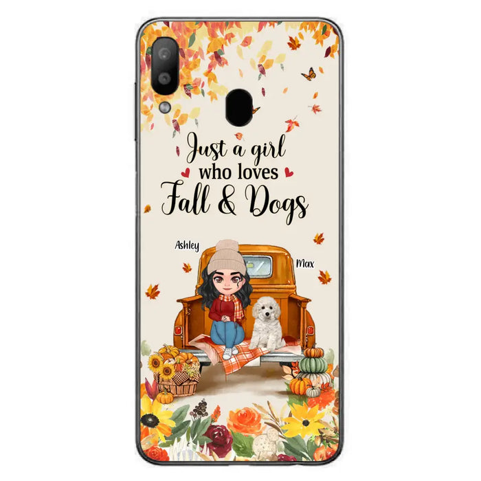 Custom Personalized Dog Mom Autumn Phone Case - Gift Idea For Dog Owners - Upto 5 Dogs -  Case For iPhone/Samsung - Just A Girl Who Loves Fall & Dogs