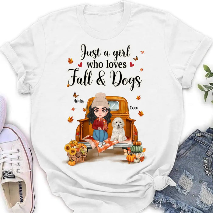 Custom Personalized Autumn Dog Mom Shirt/ Hoodie - Gift Idea For Dog Lovers - Upto 5 Dogs - Just A Girl Who Loves Fall And Dogs