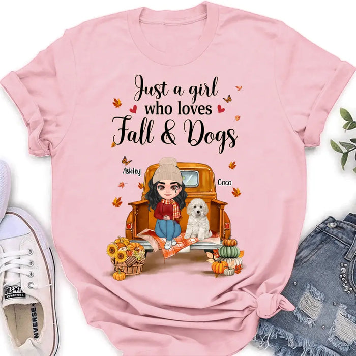 Custom Personalized Autumn Dog Mom Shirt/ Hoodie - Gift Idea For Dog Lovers - Upto 5 Dogs - Just A Girl Who Loves Fall And Dogs