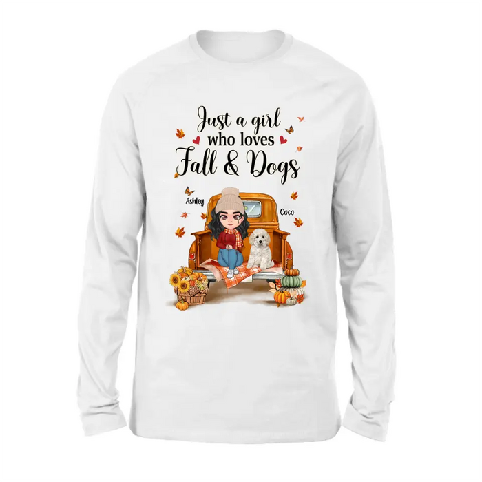 Custom Personalized Autumn Dog Mom Shirt/ Hoodie - Gift Idea For Dog Lovers - Upto 5 Dogs - Just A Girl Who Loves Fall And Dogs