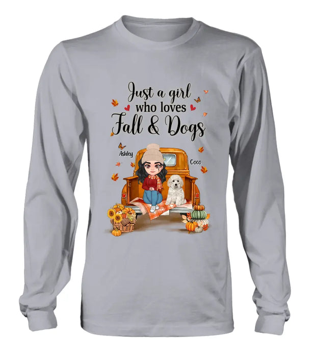 Custom Personalized Autumn Dog Mom Shirt/ Hoodie - Gift Idea For Dog Lovers - Upto 5 Dogs - Just A Girl Who Loves Fall And Dogs