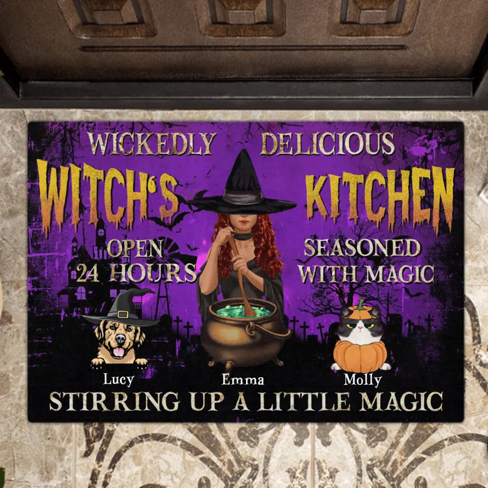 Personalized Witch Doormat - Halloween/ Witch/ Pagan/ Wicca Decor/Pet Lovers Gift With Upto 6 Pets - Wickedly Delicious Witch's Kitchen