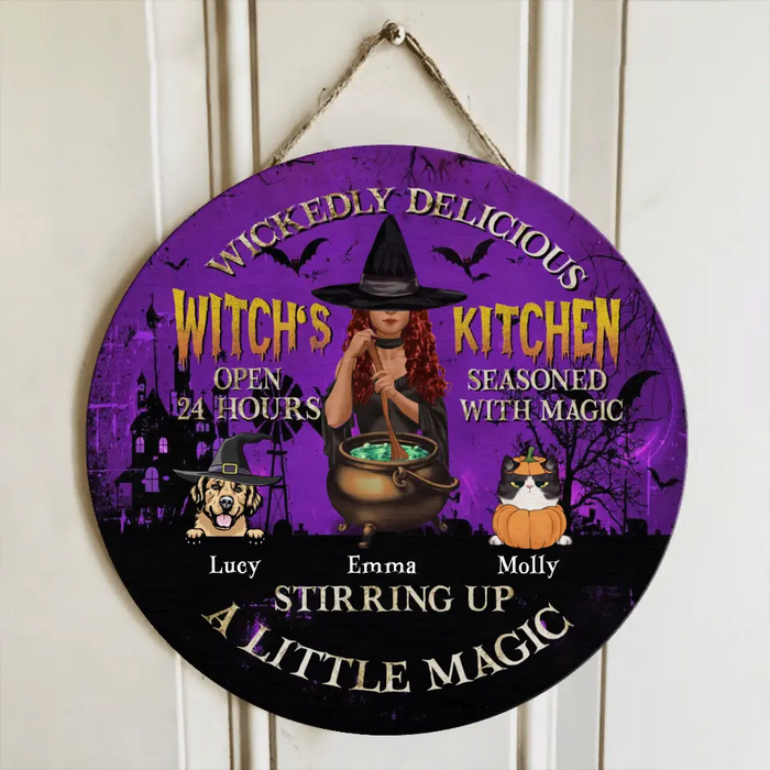 Personalized Witch Circle Door Sign - Halloween/ Witch/ Pagan/ Wicca Decor/Pet Lovers Gift With Upto 6 Pets - Wickedly Delicious Witch's Kitchen